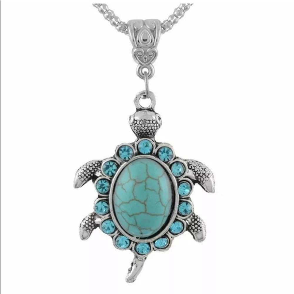 Women’s Boho Turquoise Clavicle Rhinestone silver Turtle Necklace